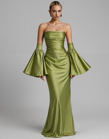 Turquoise Puff Sleeve Ruched Strapless Mermaid Evening Dress